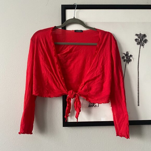 Eyeshadow | EUC Tie Front Long Sleeve Crop Top in Red Size Small - Picture 2 of 7